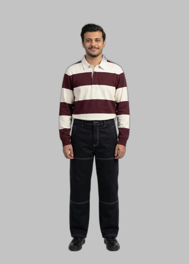 Dressia virtual try-on preview of a striped rugby shirt with black trousers