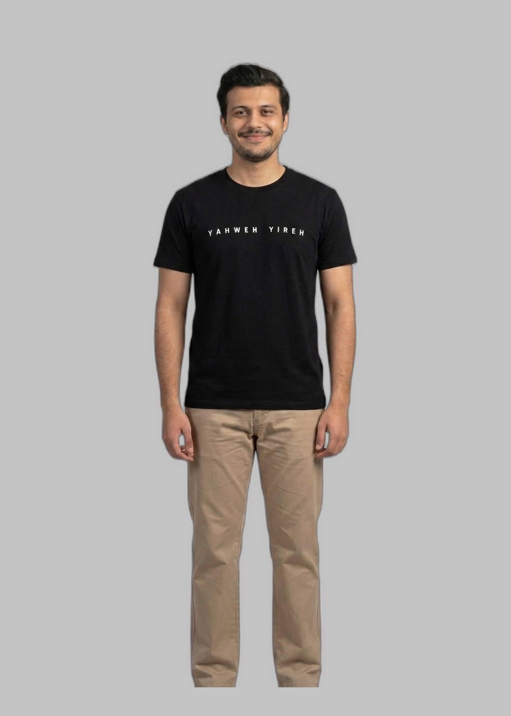 Dressia virtual try-on preview of a graphic tee with khaki trousers, second colorway