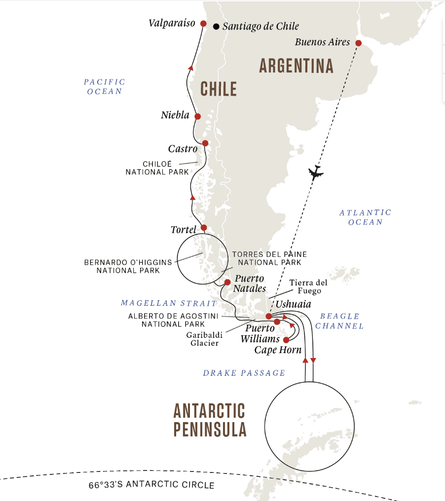 Antarctica, Patagonia & Chilean Fjords Expedition Route
