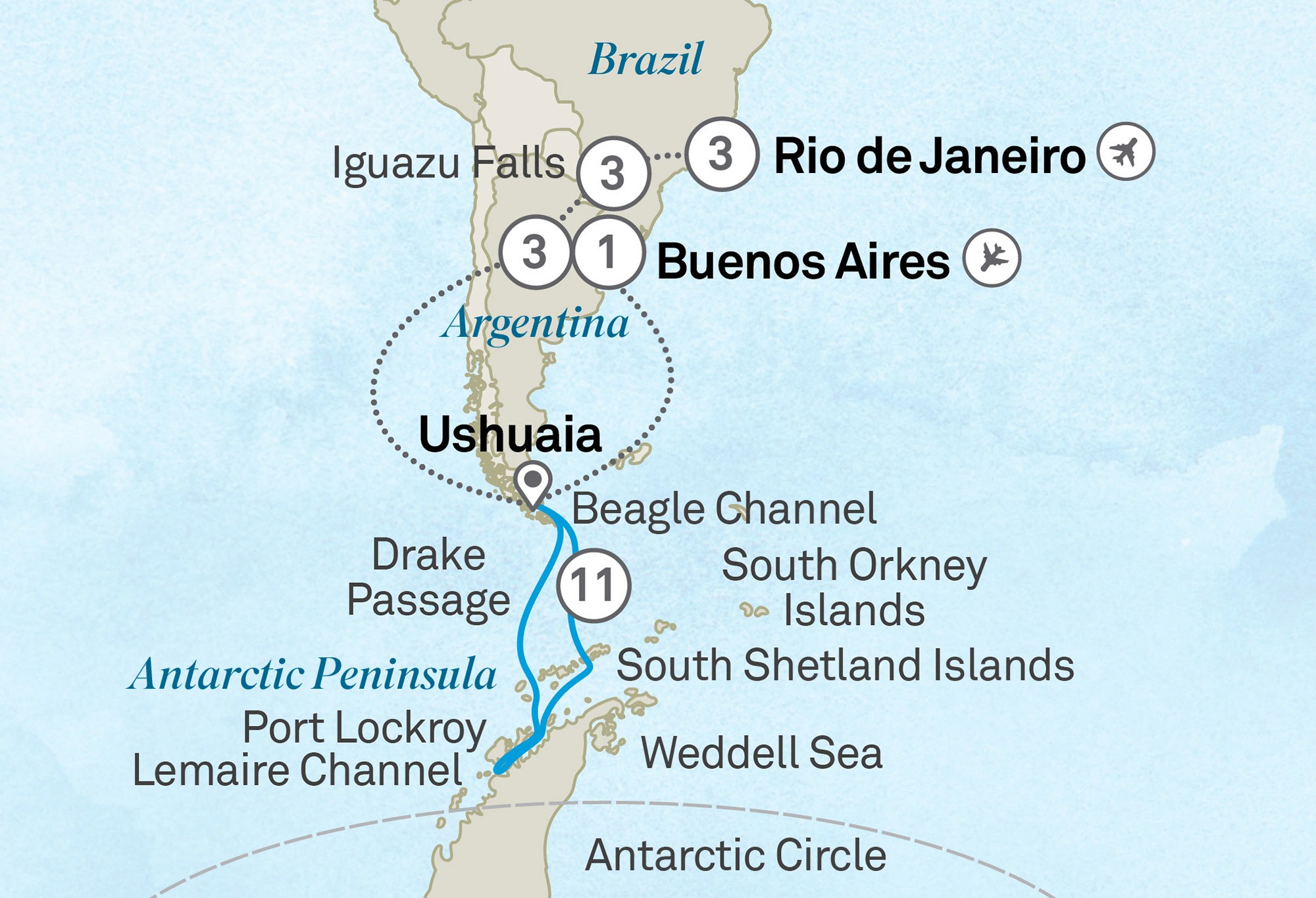 Highlights of Antarctica, Argentina and Brazil - Cruise & Land Journey Route