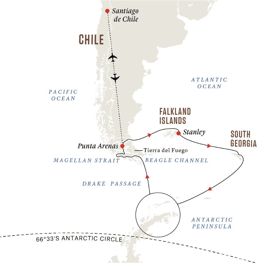 In-depth Antarctica, Falklands & South Georgia Expedition Route
