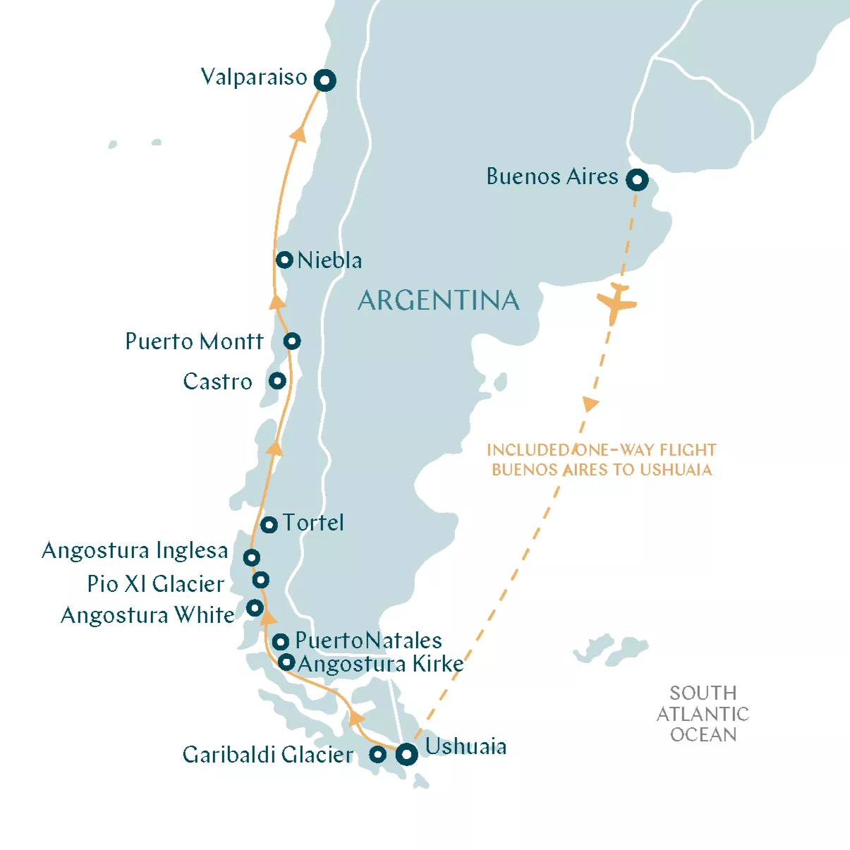South America Cruise from Argentina to Chile Route