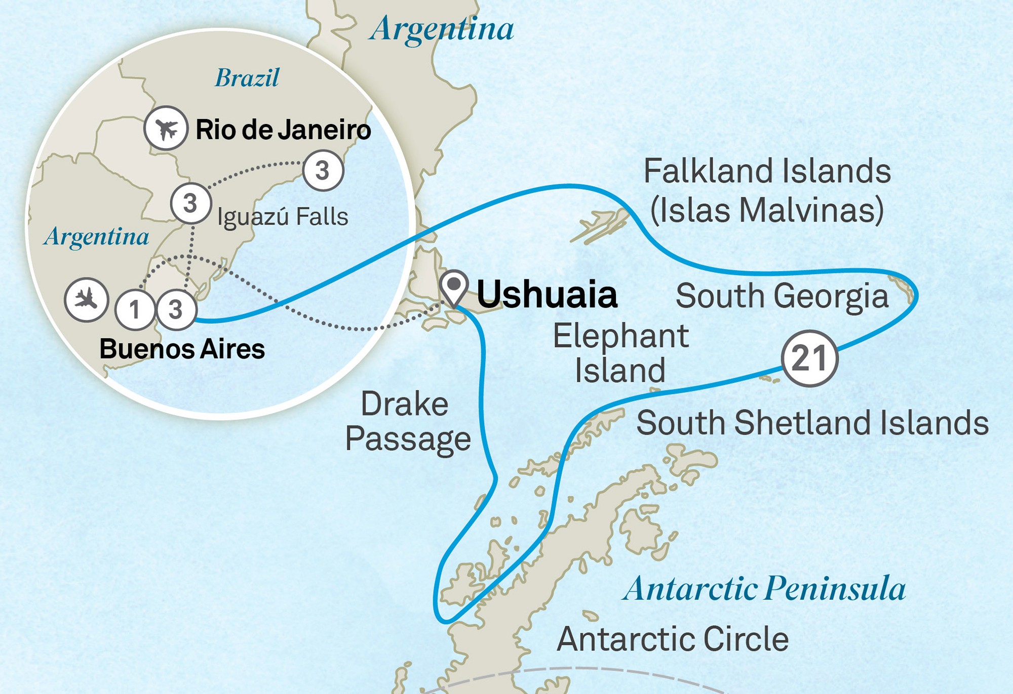 Treasures of Argentina & Brazil with Antarctica - Cruise & Land Journey Route