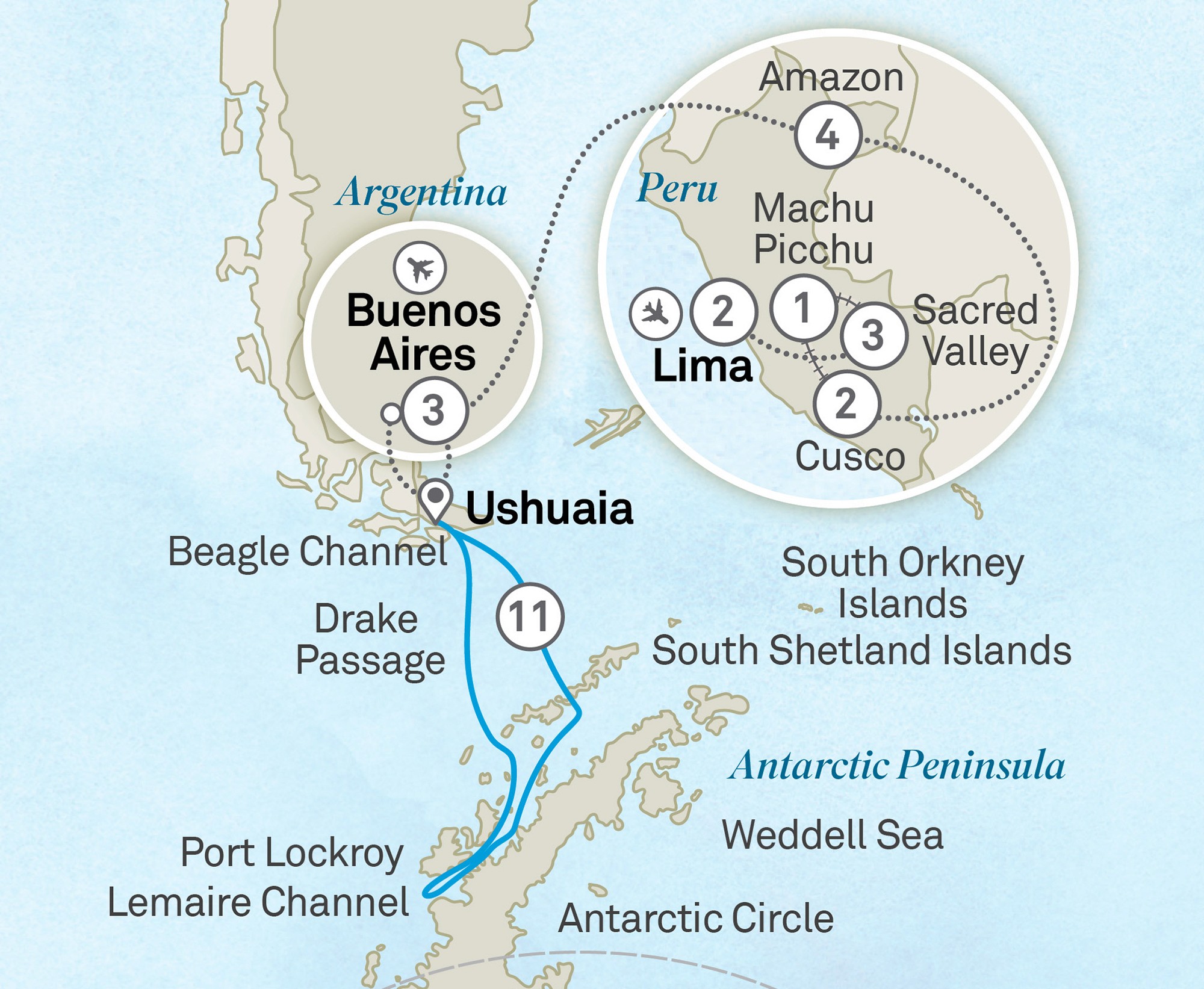 Wonders of Machu Picchu, the Amazon & Antarctica - Cruise & Land Journey Route