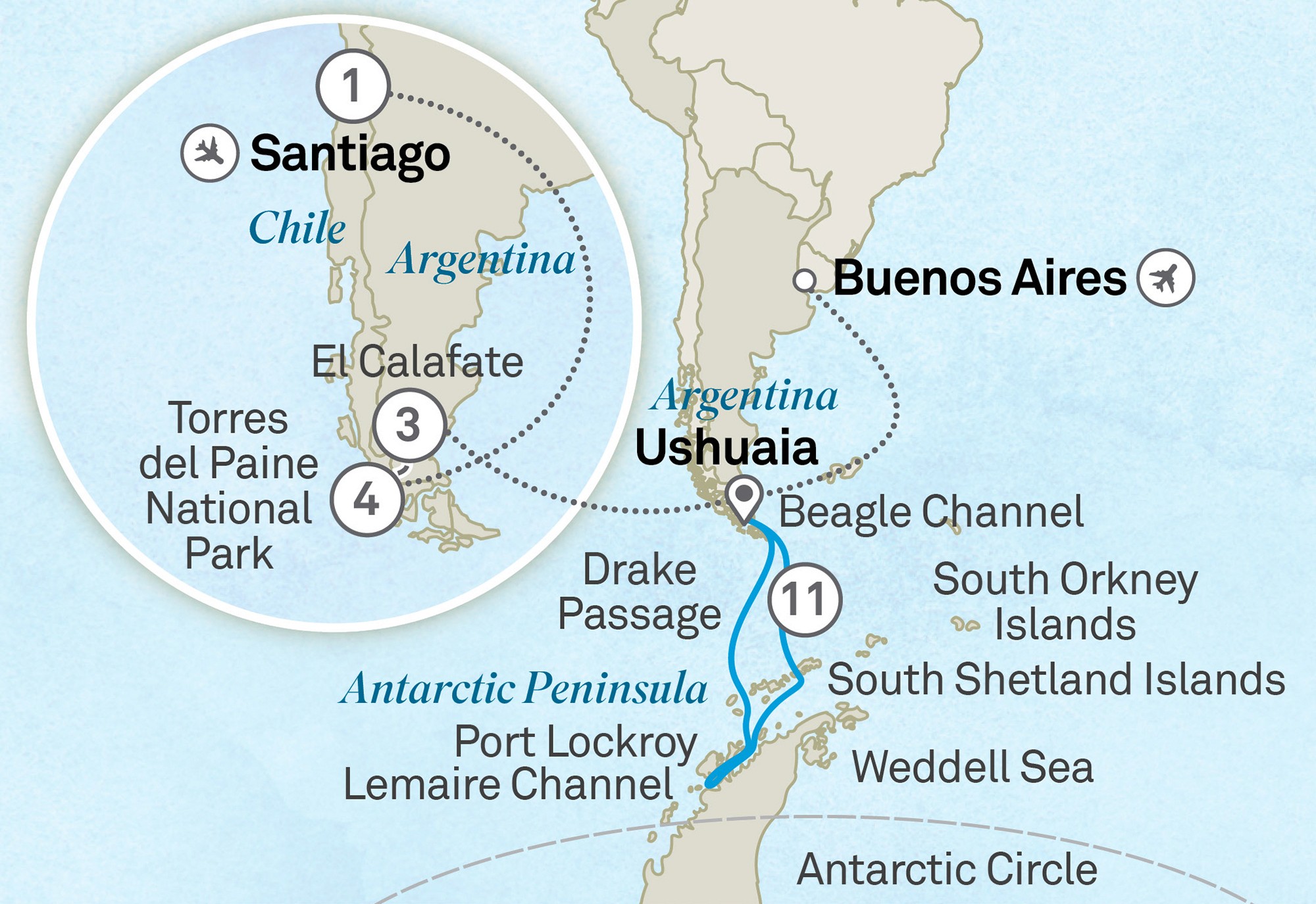 Wonders of Patagonia and Antarctica - Cruise & Land Journey Route
