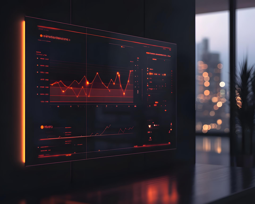 Schermo con una dashboard dai grafici luminosi in un ufficio al tramonto