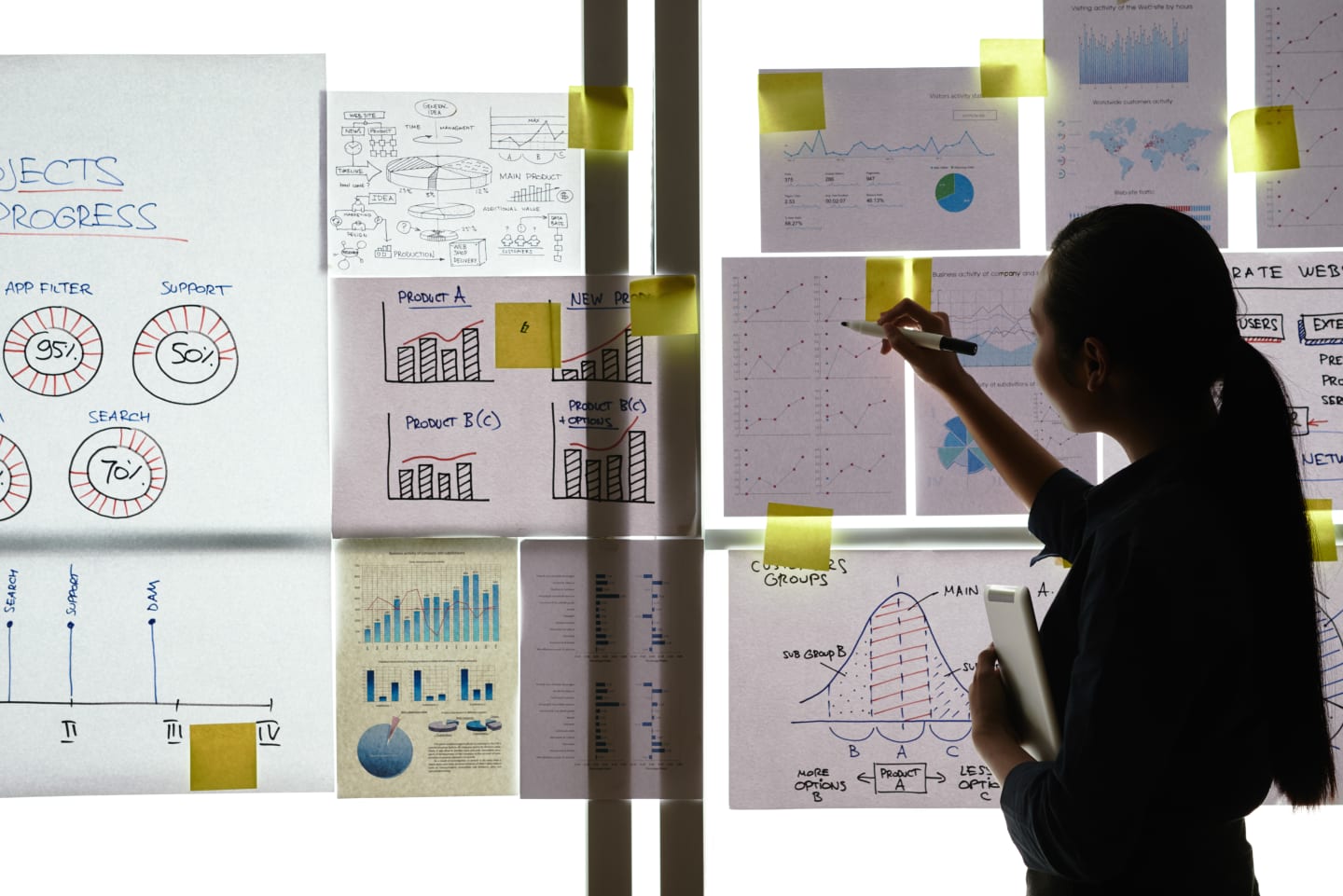 Una professionista annota un grafico su una parete ricoperta di report, tabelle e post-it