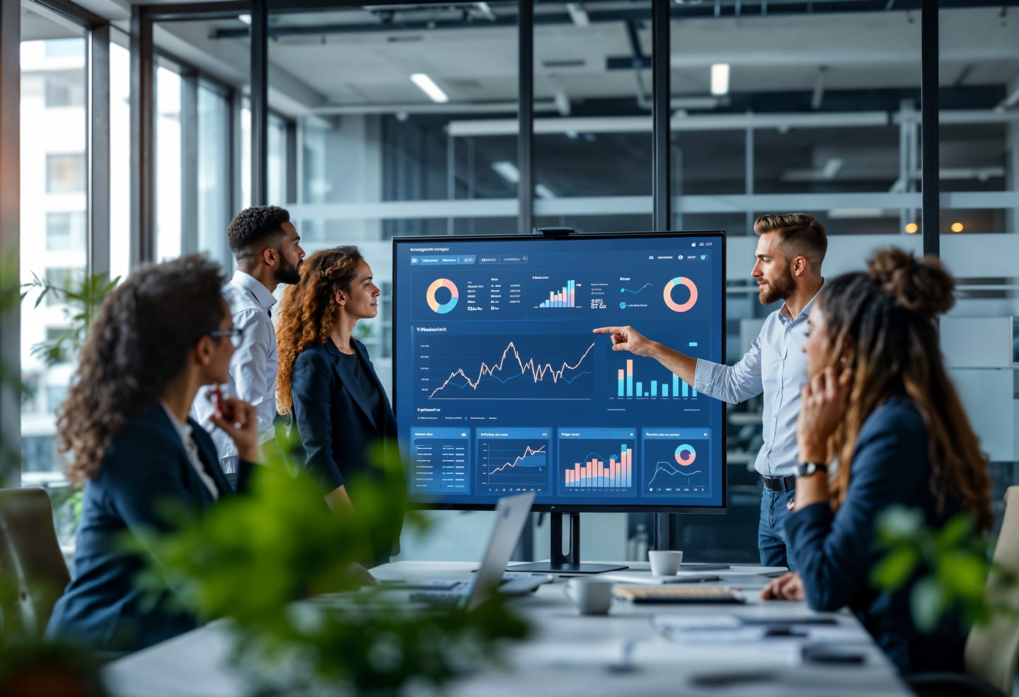 Un team osserva una dashboard di analisi dati su un grande schermo mentre un collega illustra i risultati