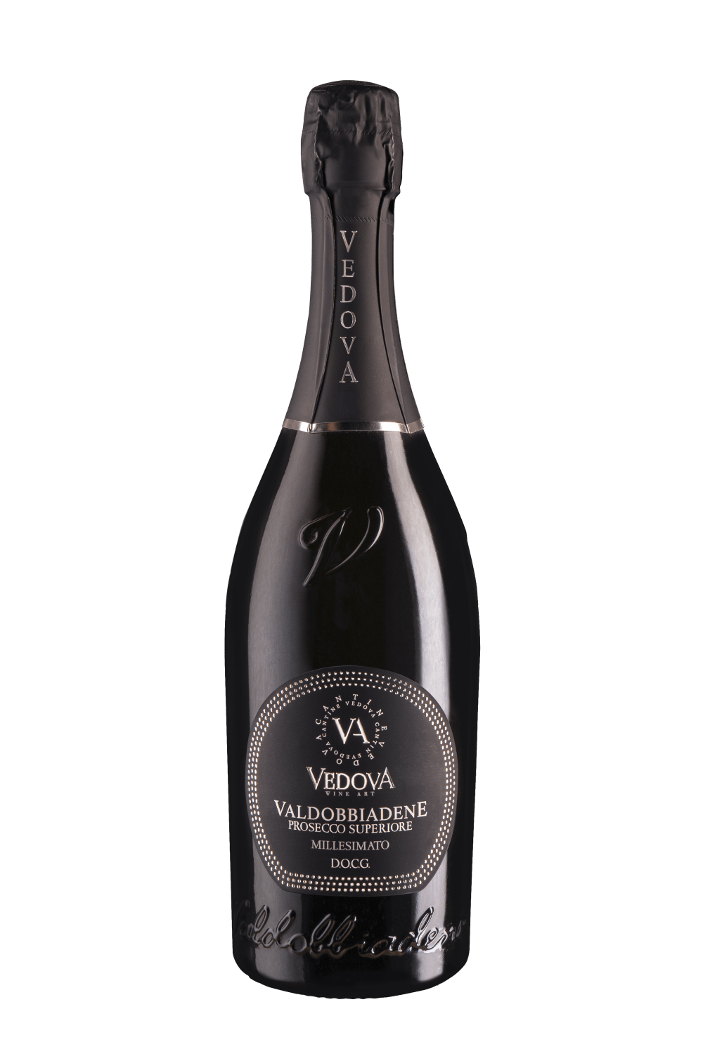 Bottiglia di Vedova Valdobbiadene Prosecco Superiore Millesimato DOCG, con etichetta nera e argento