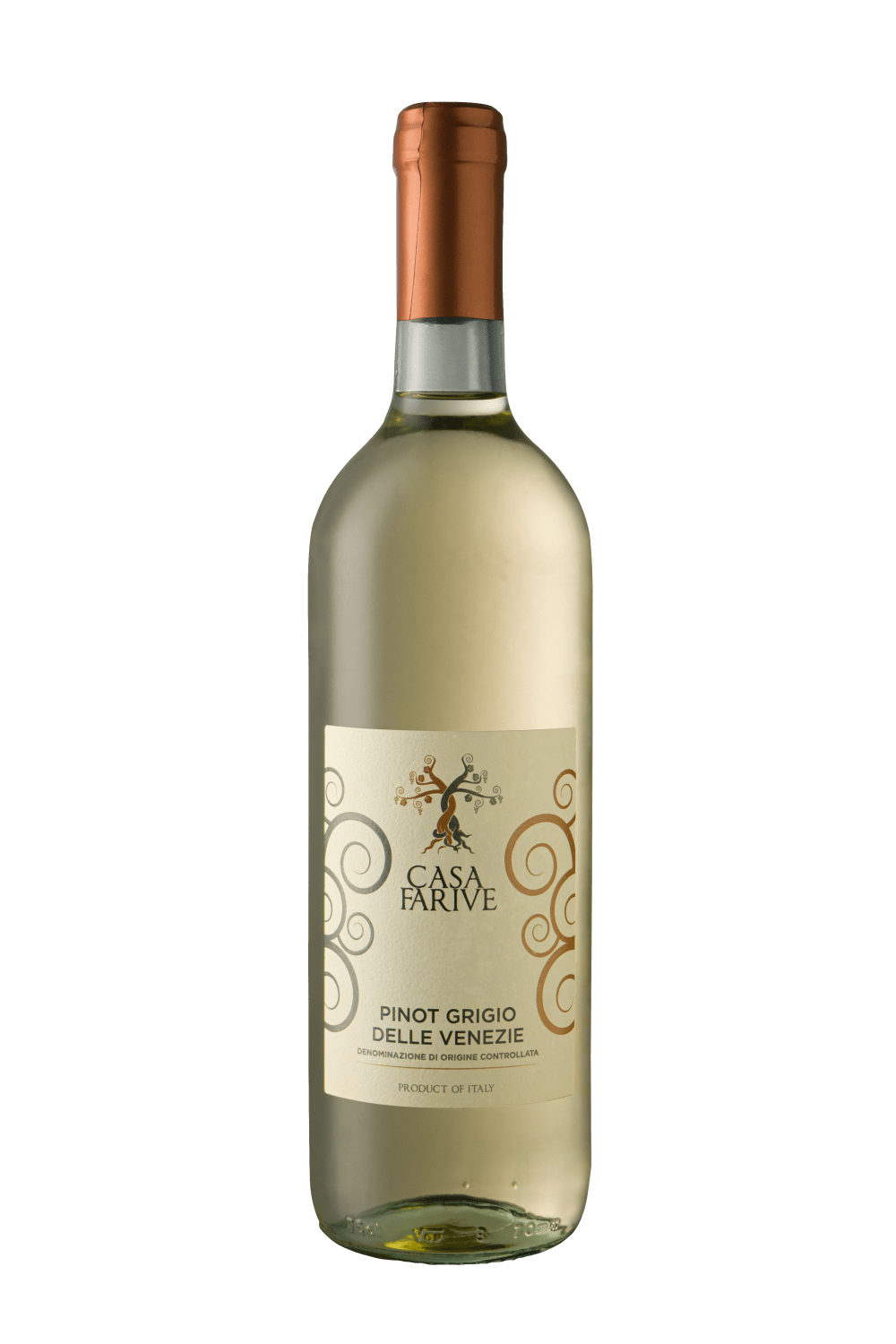 Bottiglia di Casa Farive Pinot Grigio delle Venezie DOC, capsula ramata ed etichetta con albero stilizzato