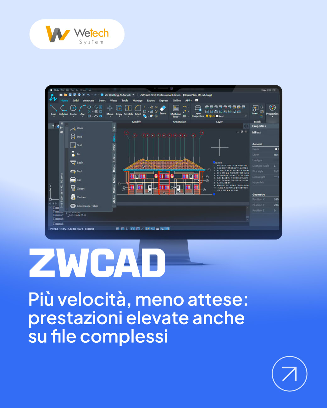 Post ZWCAD «Più velocità, meno attese: prestazioni elevate anche su file complessi», con il software aperto su un disegno architettonico
