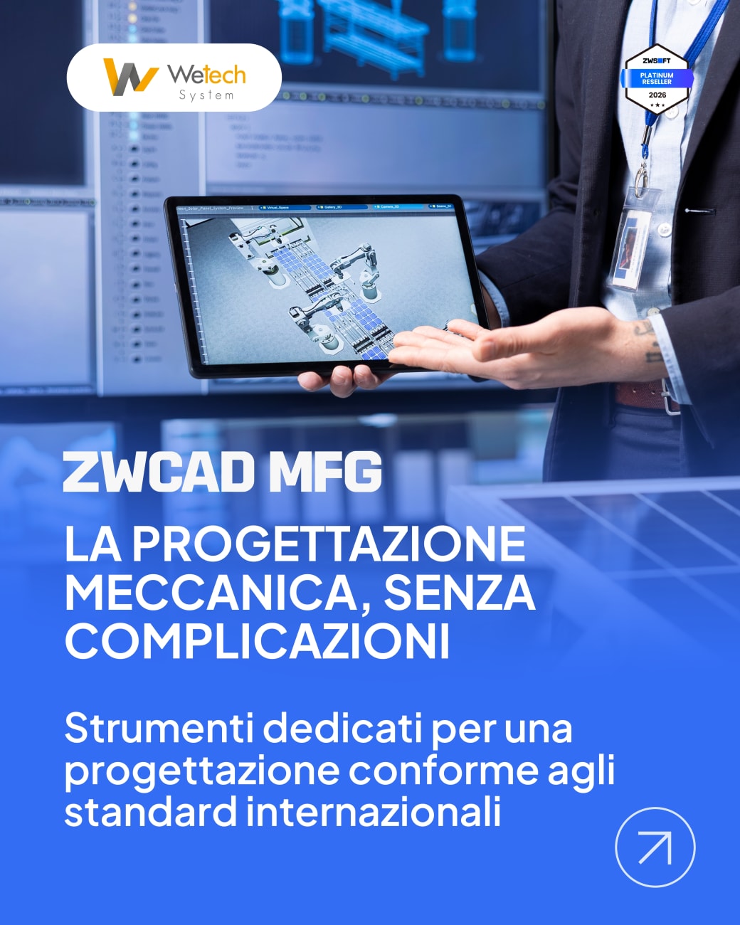 Post ZWCAD MFG «La progettazione meccanica, senza complicazioni», con un tablet che mostra un layout industriale