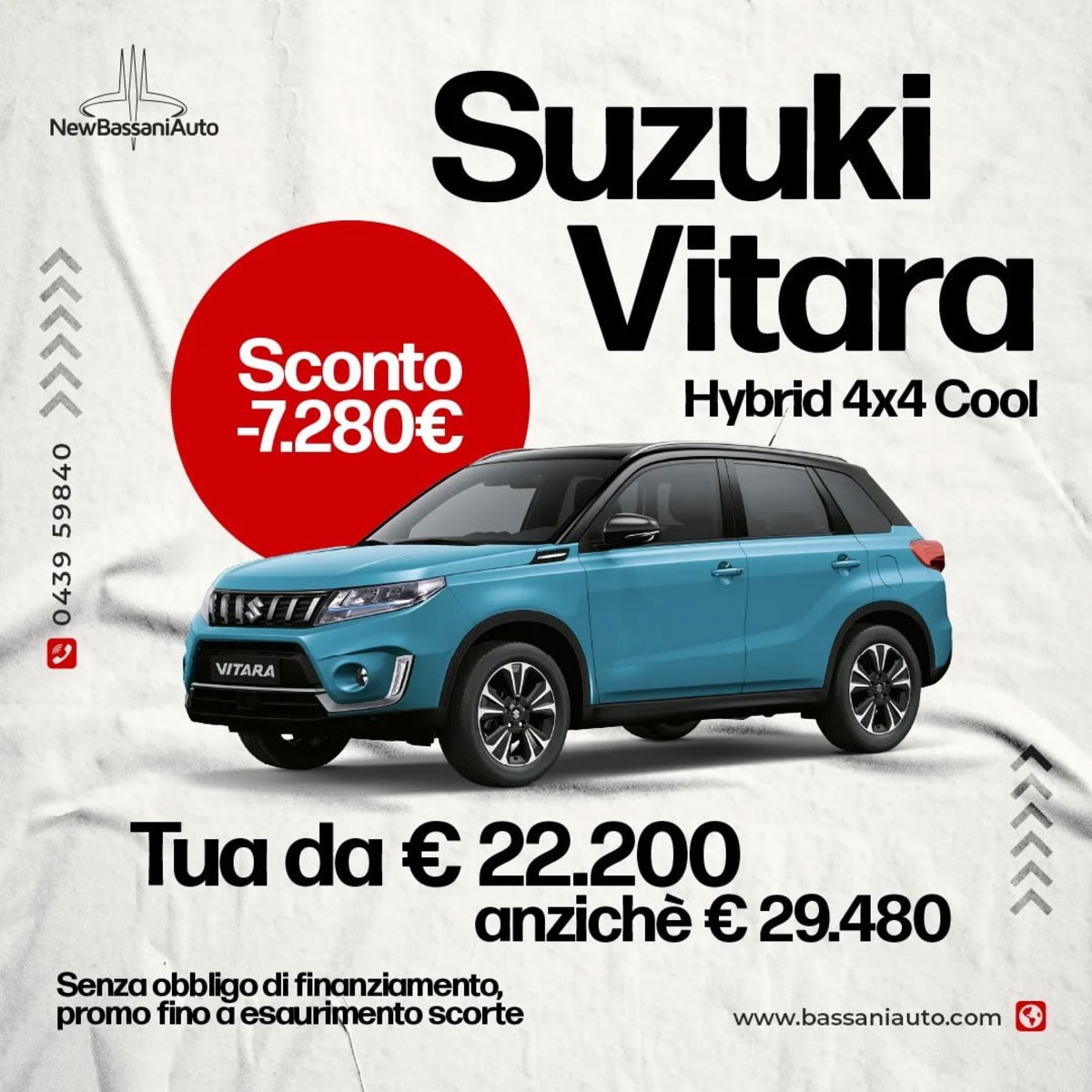Card dell’inserzione Meta di New Bassani Auto sulla Suzuki Vitara Hybrid 4x4 Cool azzurra: sconto di 7.280 €, da 22.200 € invece di 29.480 €