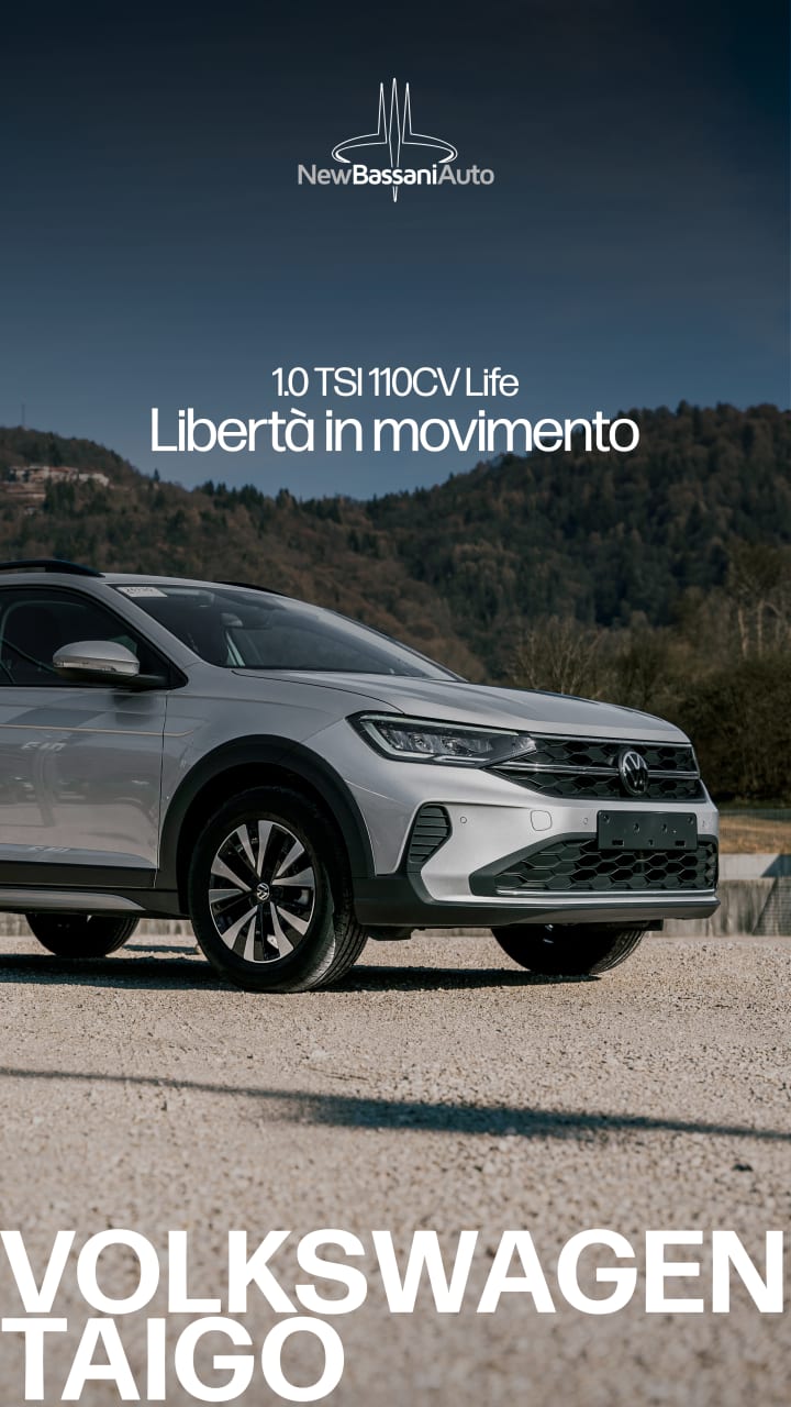 Storia social di New Bassani Auto sulla Volkswagen Taigo grigia: «1.0 TSI 110CV Life, libertà in movimento»