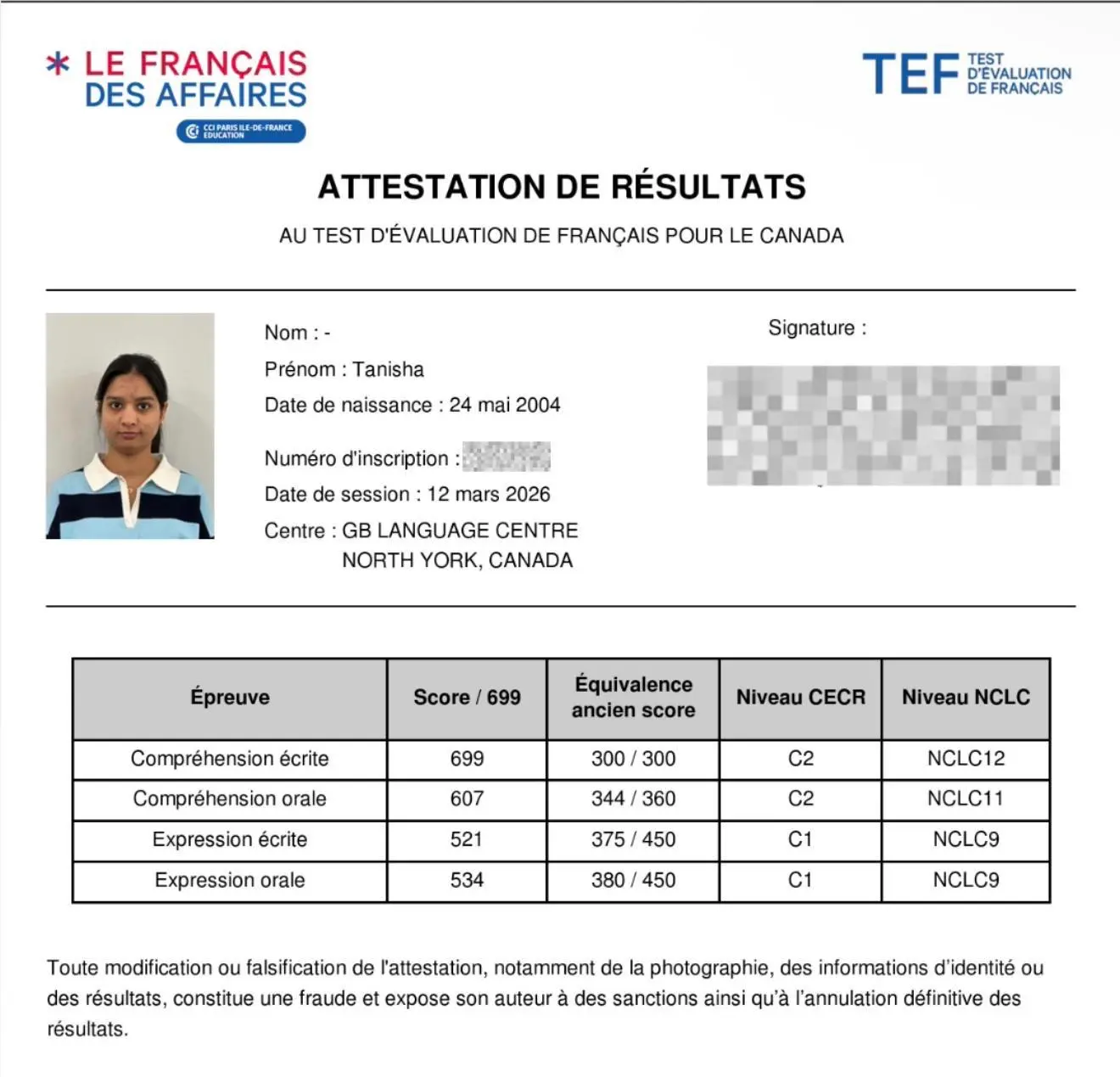TEF Canada attestation issued to the lead instructor of Francophone Academy