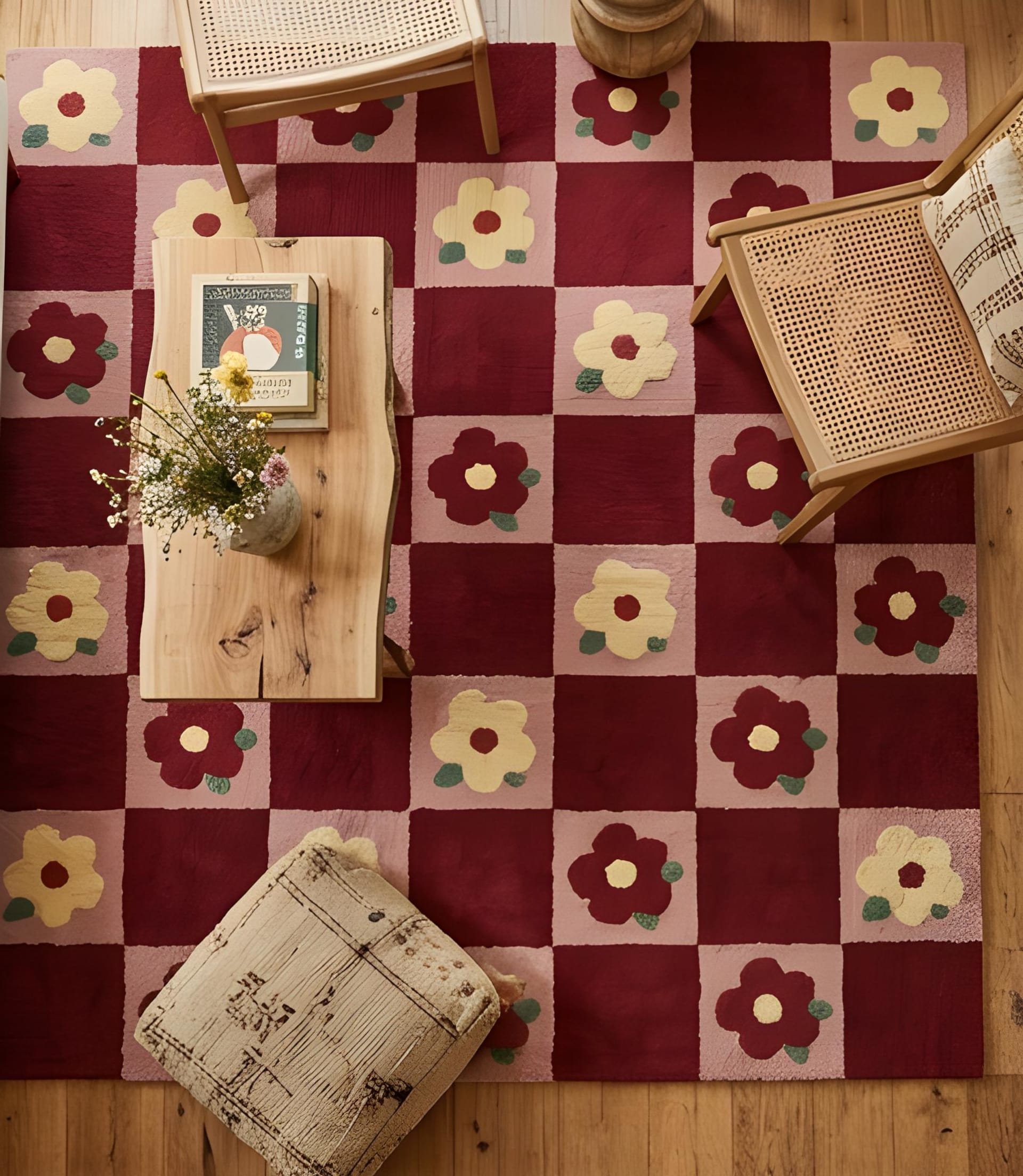 Cherry Red Floral Checkered
