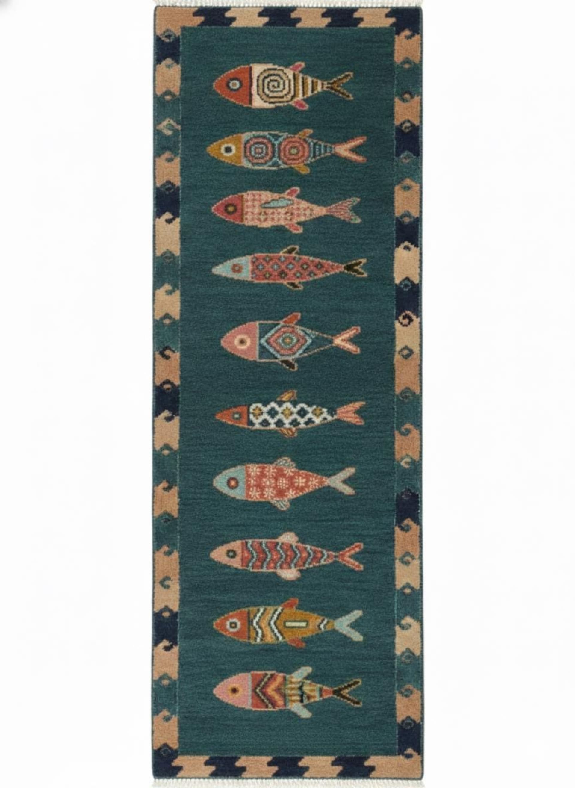 Teal Oushak Fish Motif Runner