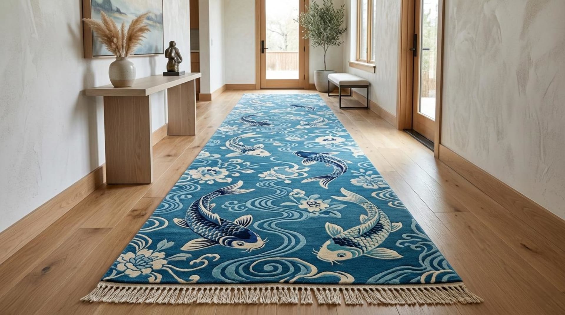 Teal Koi Garden Wool Rug