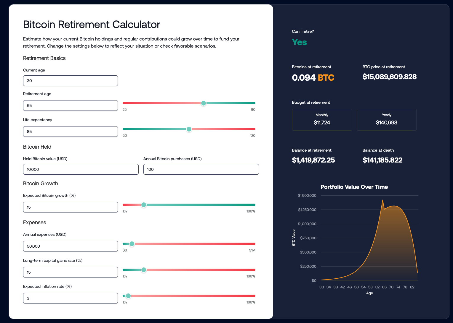Bitcoin Retirement Calculator screenshot