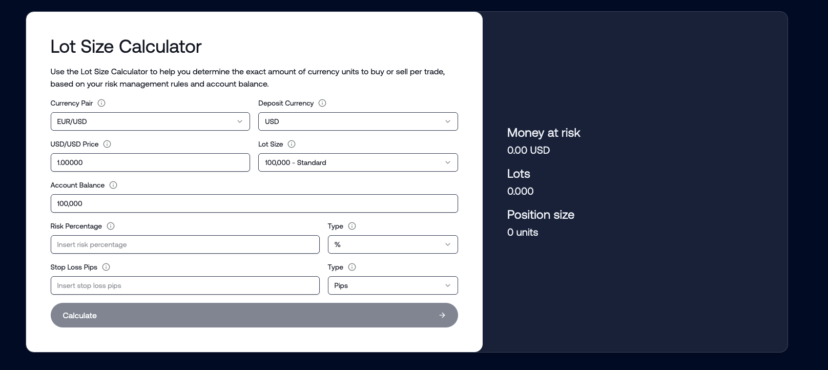 Lot Size Calculator screenshot