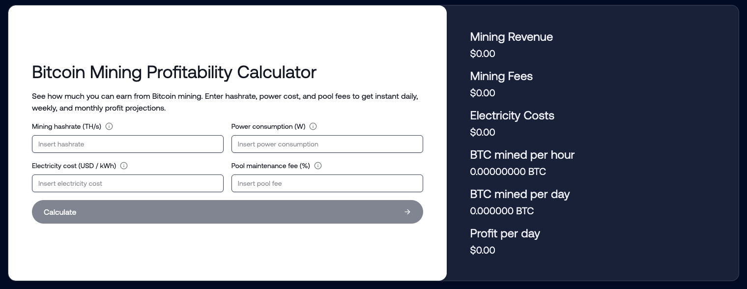 Bitcoin Mining Profitability Calculator screenshot