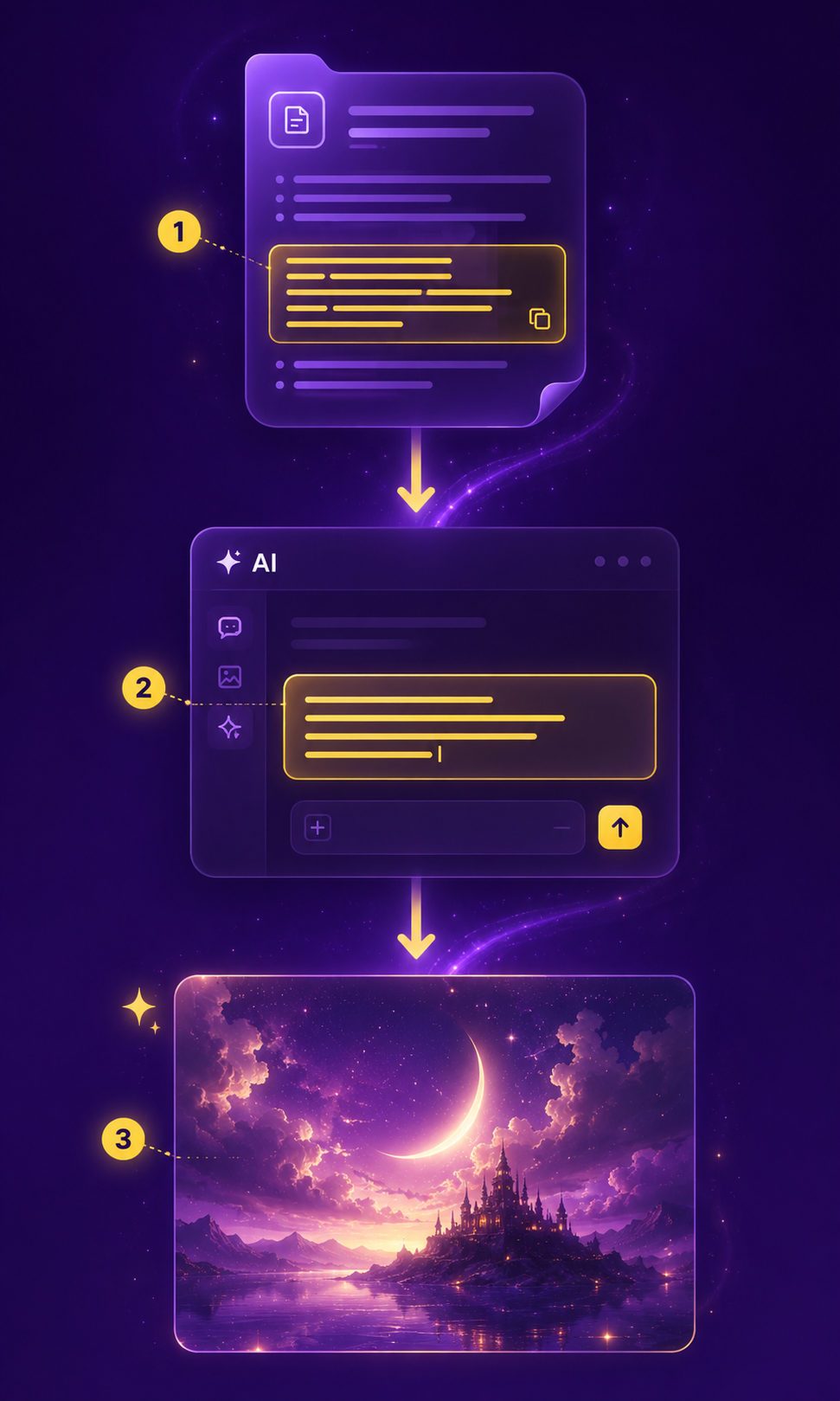 Illustration des trois étapes pour utiliser 300 Prompts IA