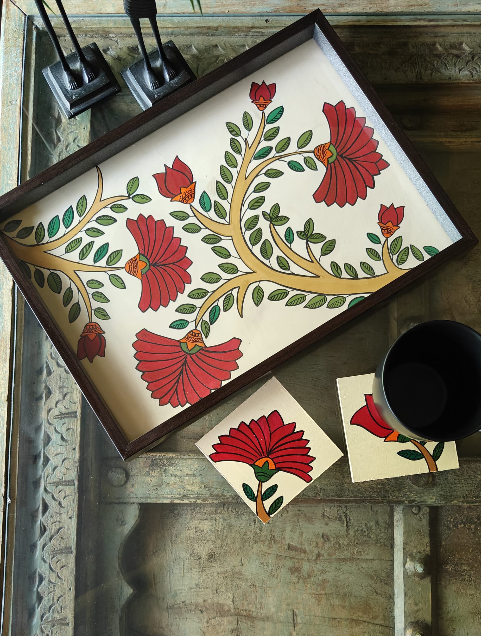 Red Flower Wooden Tray