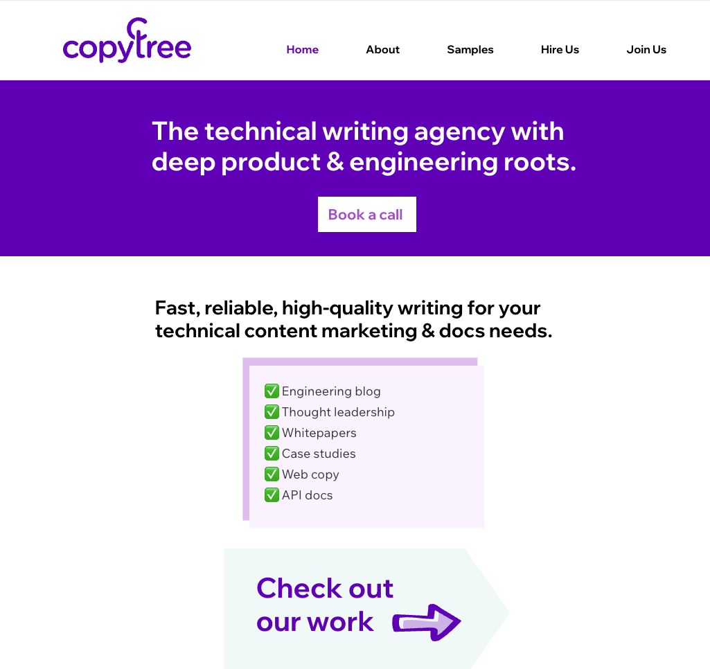 The original Copytree site, designed and built by founder Paige Schwartz on a no-code website platform