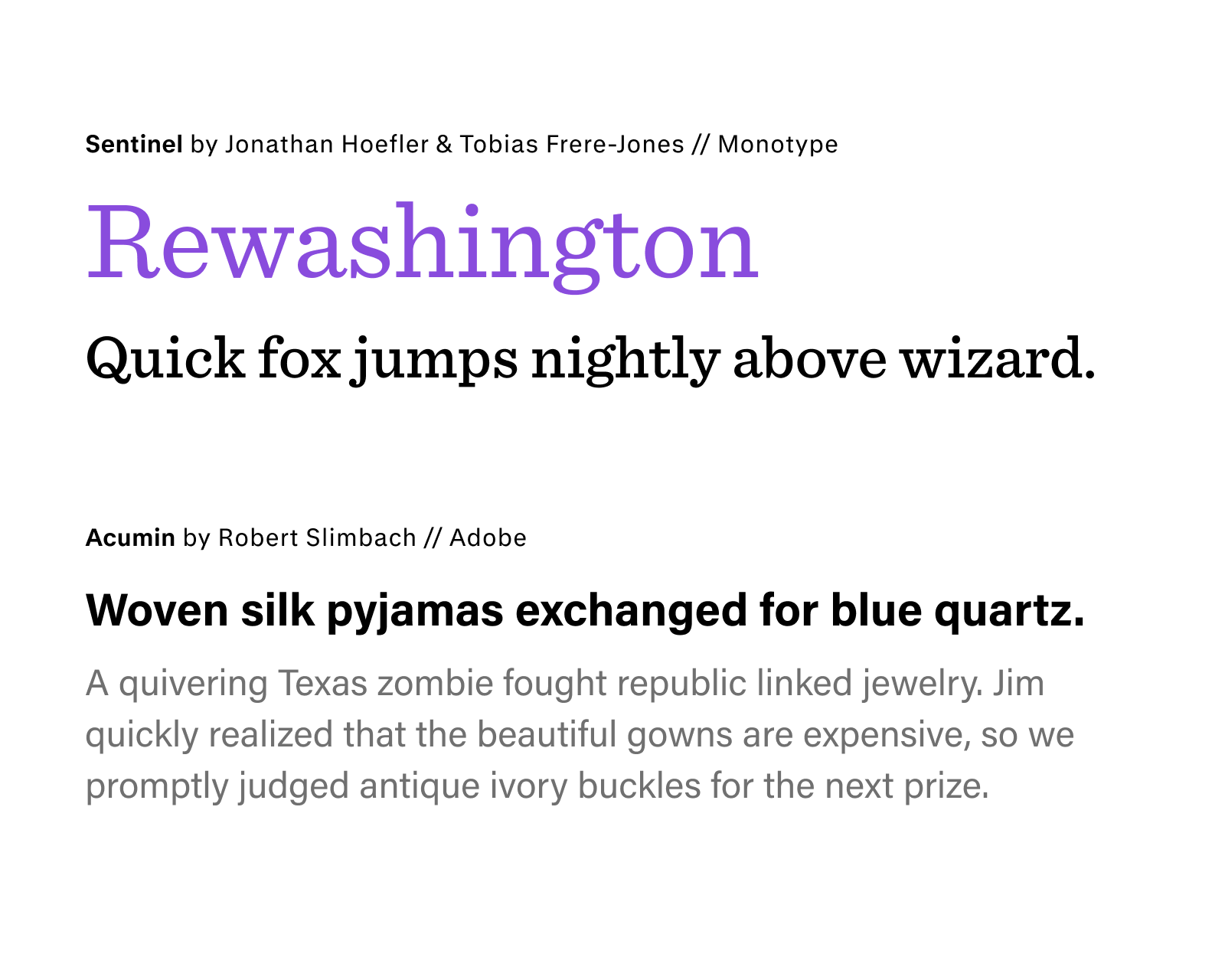 Font specimen for Copytree website: Sentinel by Jonathan Hoefler and Tobias Frere-Jones, from Monotype; Acumin by Robert Slimbach; from Adobe
