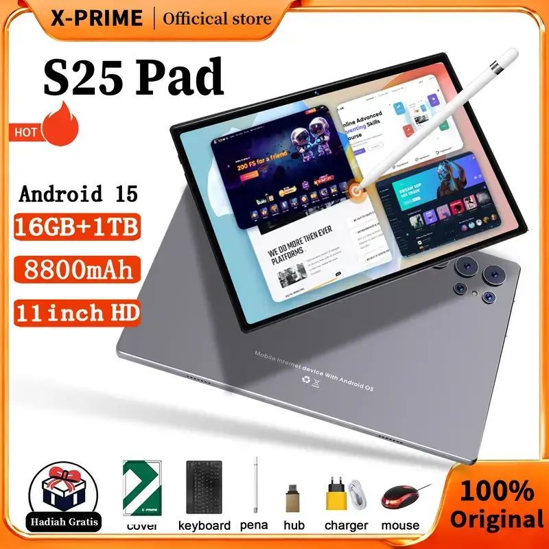 X-PRIME Tablet S25 10,1 Inci HD 120Hz RAM 16GB ROM 1TB Baterai 8800mAh Layar Wifi Android 15 Performa Optimal Smart Tablets