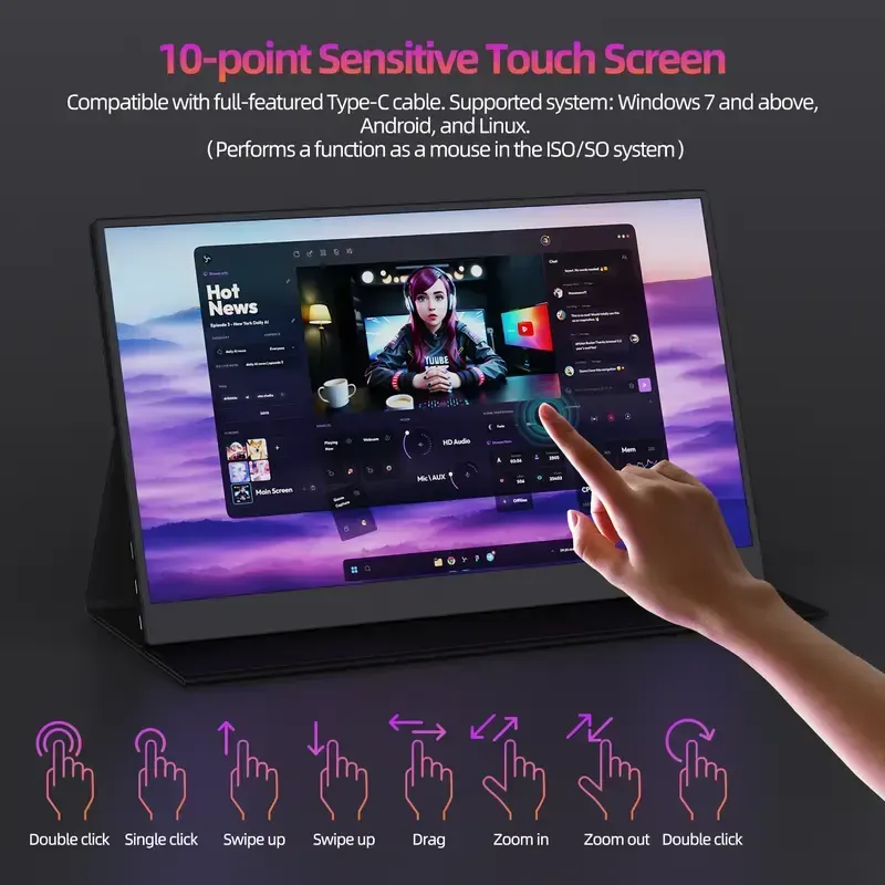 GOOJODOQ Portable Monitor Touch Screen 15.6'' 1920*1080P 4K with IPS Full HD Display Dual Stereo Speakers Wide Viewing Angle