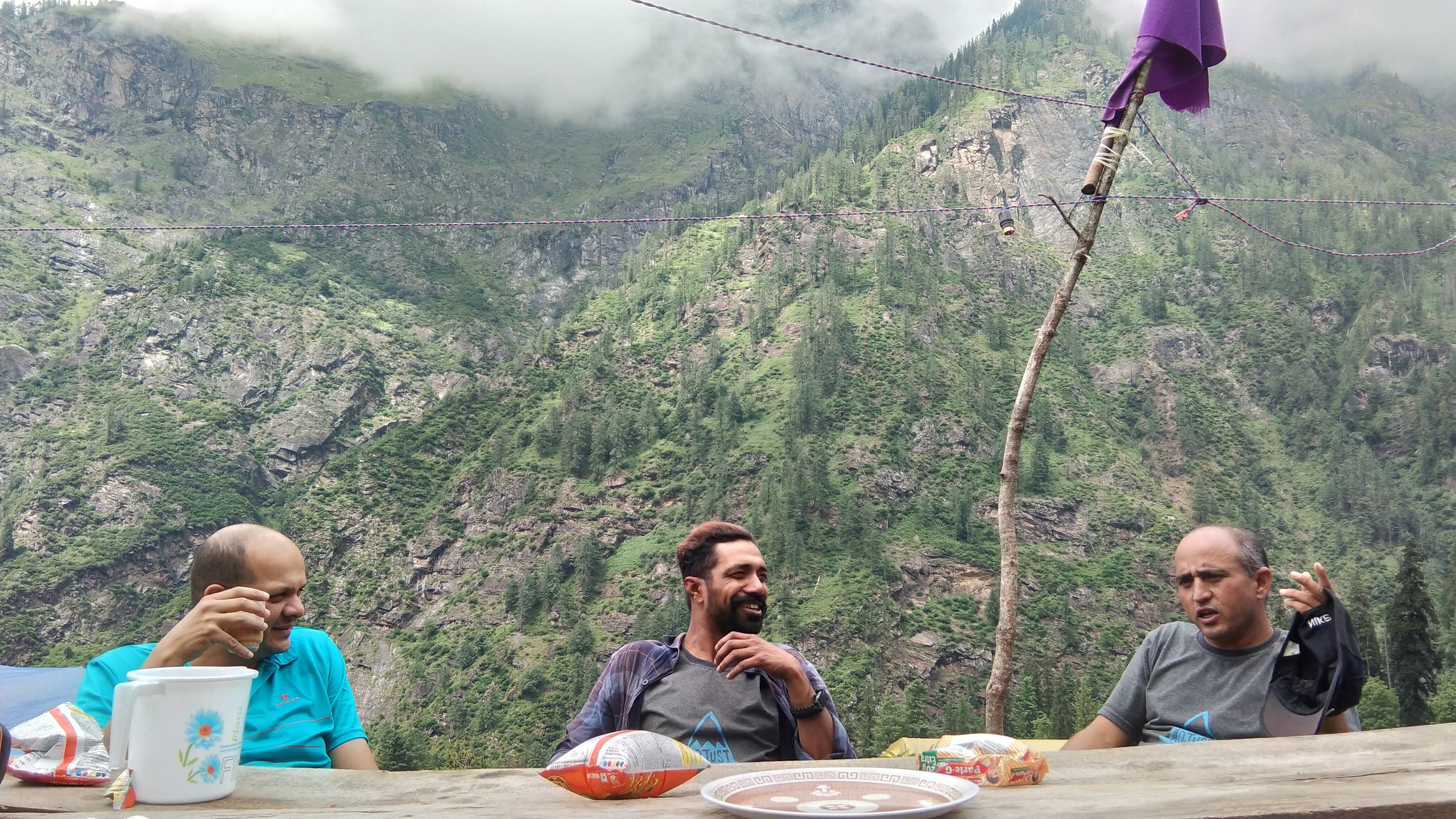 team meeting over tea at Kheerganga