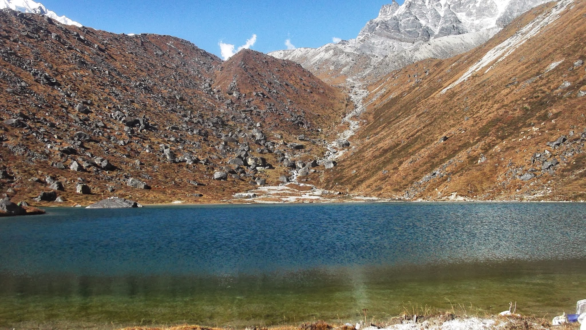 Samiti Lake surrounded by high Himalayan peaks on the Goechala Trek