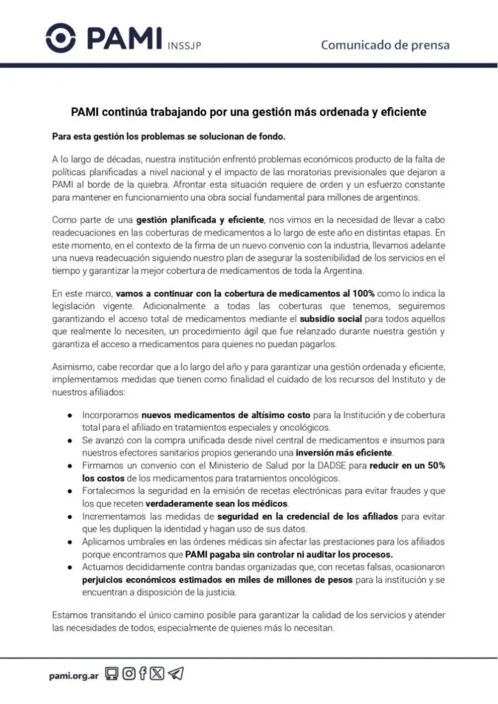 Comunicado de prensa de PAMI sobre la cobertura de medicamentos y subsidios de los mismos