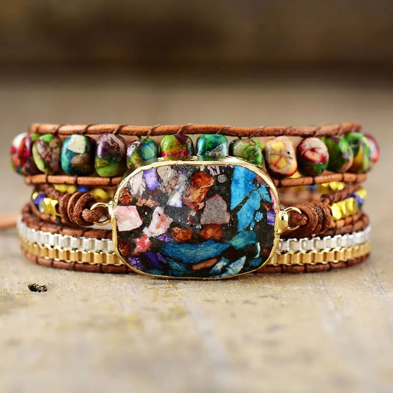 Marble Forest Wrap Bracelet Leather Strands Jasper Stones