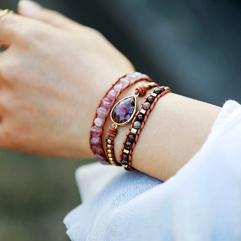 Beaded Leather Wrap Bracelet | Red Rose TearDrop Stone