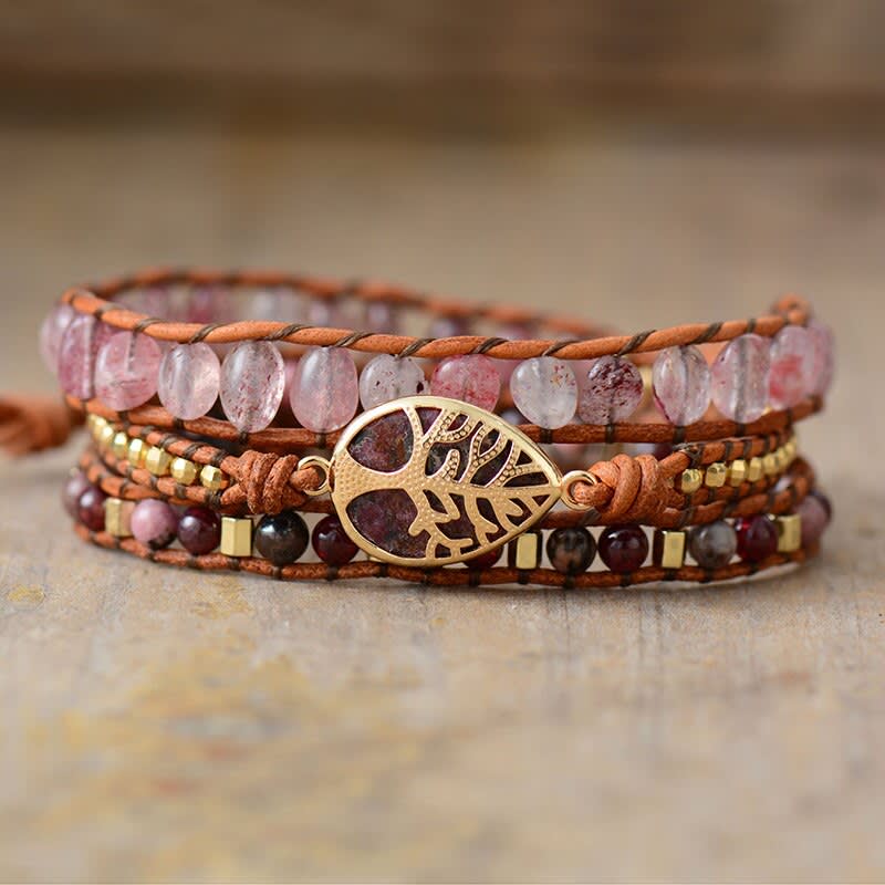Beaded Leather Wrap Bracelet | Red Rose TearDrop Stone