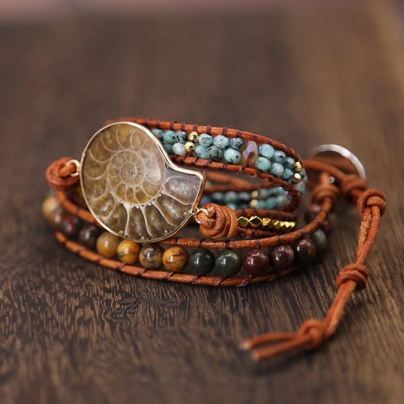 Ammonite Fossils Seashell Snail charm Handmade Bohemian wrap bracelet