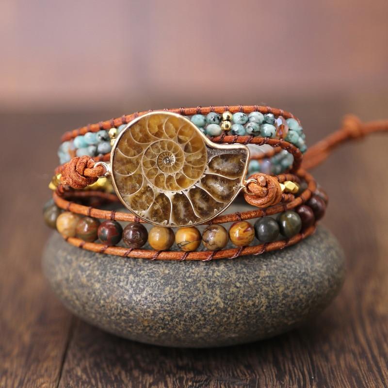 Ammonite Fossils Seashell Snail charm Handmade Bohemian wrap bracelet
