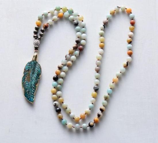 Leaf Pendant Amazonite Beaded Necklace