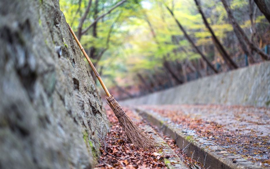 A rustic broom leans against a wall on a leaf-strewn path in a serene autumn park.