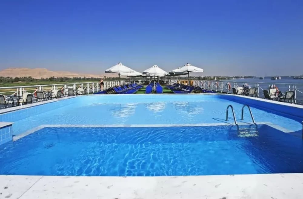 Iberotel Crown Emperor Nile Cruise sun deck with glistening pool on the Nile