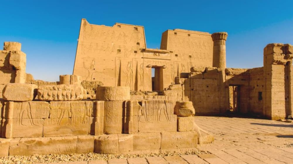 Edfu Temple’s Horus statue seen during MS Moon Dance cruise tour