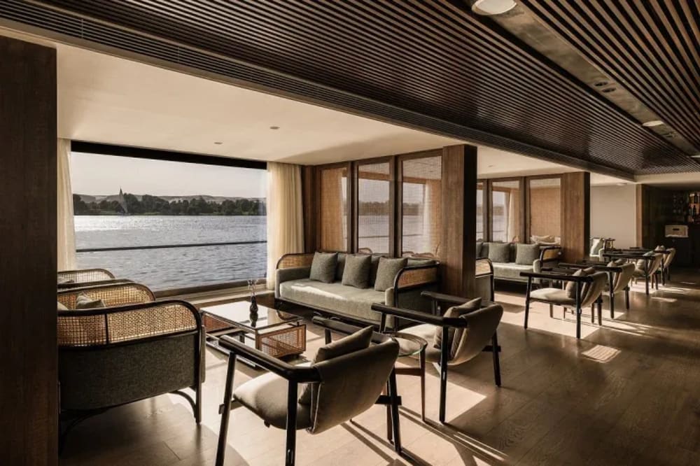 Luxury Nile lounge area with scenic river views