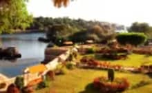 Traditional Nile felucca in Aswan Egypt sailing past islands, palm trees, and riverside landscapes