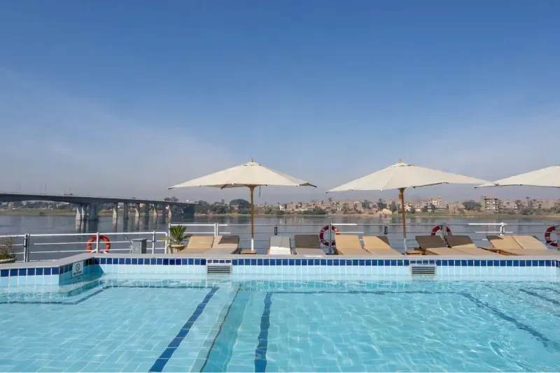 Magic I Nile Cruise swimming pool with panoramic Nile River scenery