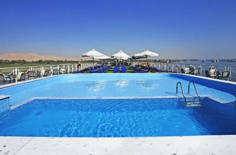 Iberotel Crown Emperor Nile Cruise sun deck with glistening pool on the Nile