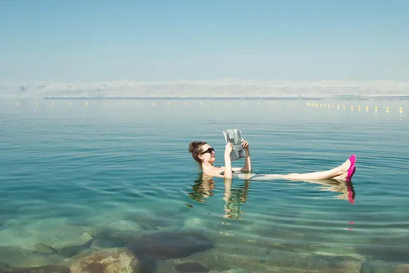 The serene shores of the Dead Sea where visitors float effortlessly during the 10 Days Jordan and Egypt Islamic Tour