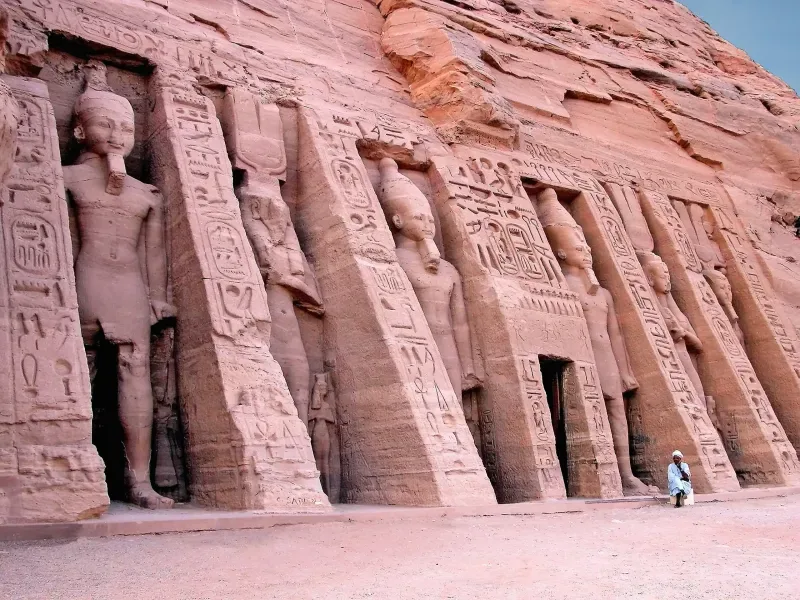 Temple of Ramses II at Abu Simbel with four giant statues carved into the mountain