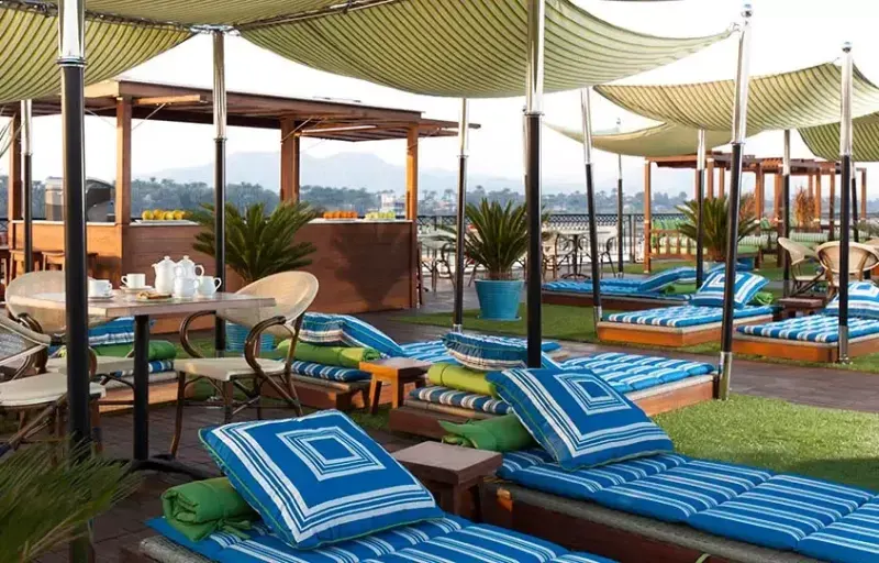 MS Mayfair Nile Cruise sun deck adorned with pool and relaxing sun loungers over the Nile